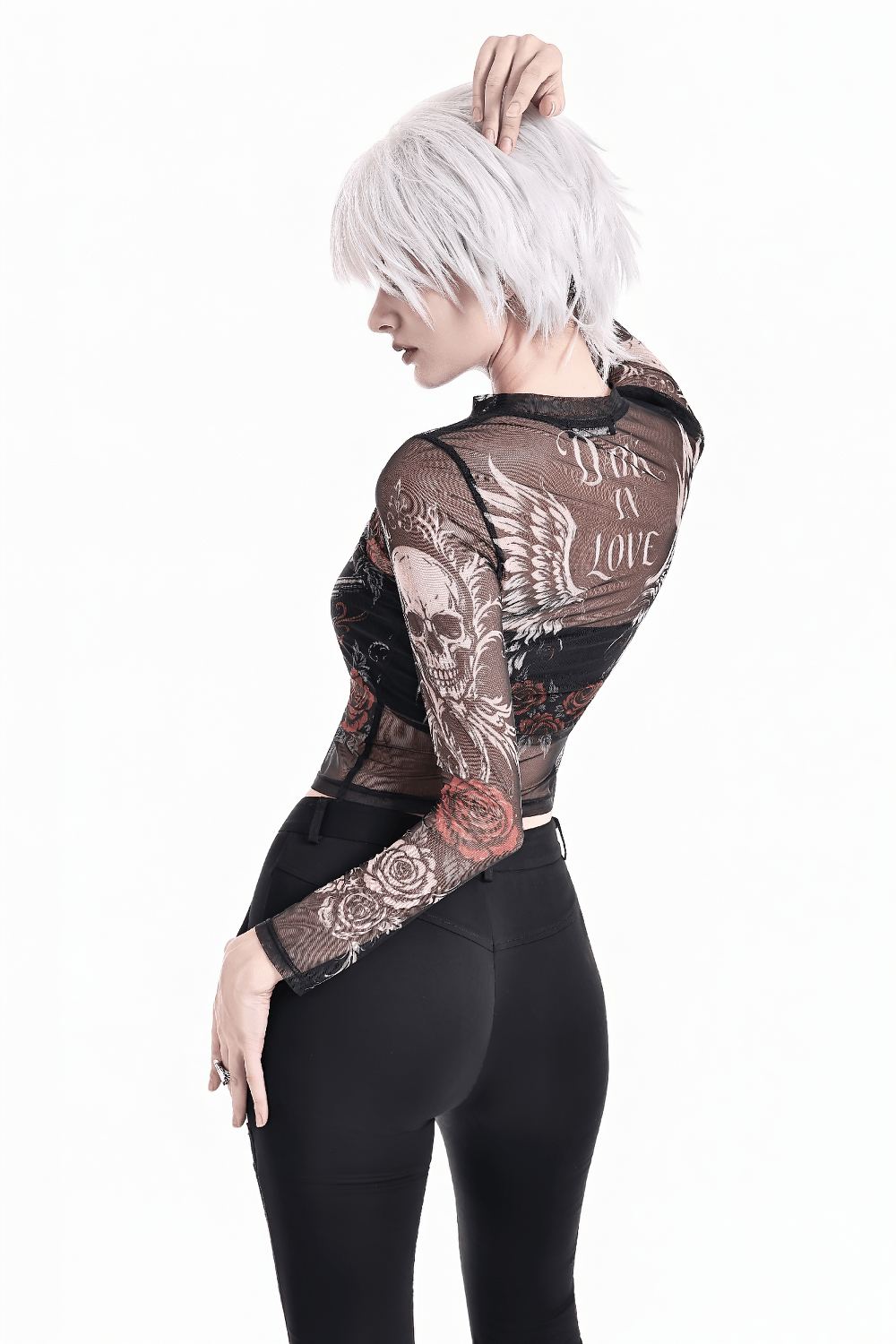 Women's Dark Romantic Wing Print Tattoo Mesh Top - sheer gothic skull rose back wings mesh top