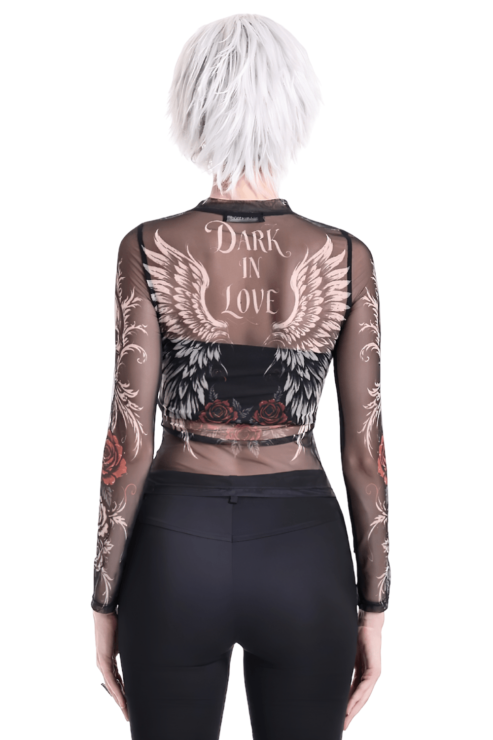 Women's Dark Romantic Wing Print Tattoo Mesh Top with sheer gothic wings and 'Dark in Love' back print