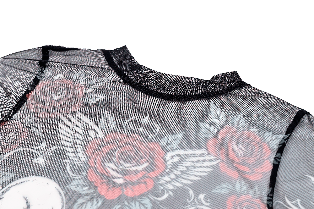 Women's Dark Romantic Wing Print Tattoo Mesh Top black sheer gothic rose skull wing detail