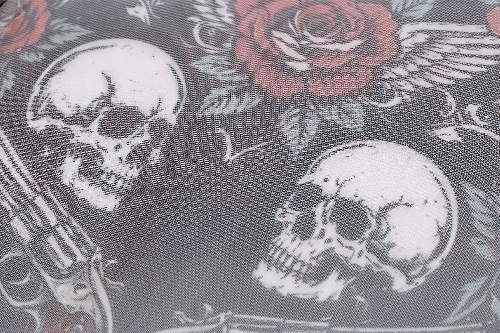 Women's Dark Romantic Wing Print Tattoo Mesh Top with skulls, roses and gothic wing print, sheer black punk style