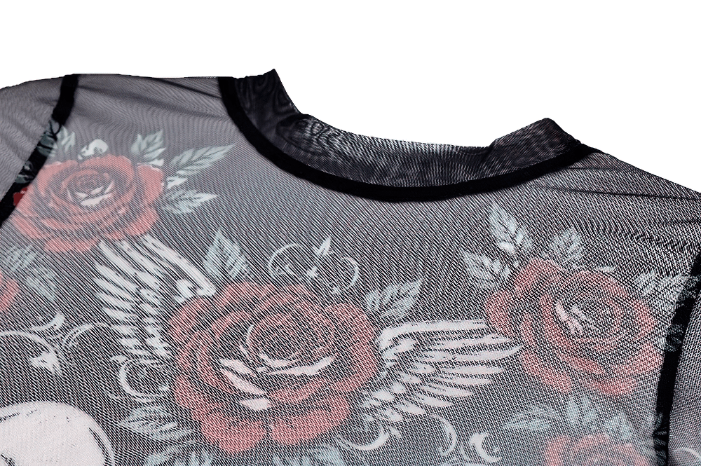 Women's Dark Romantic Wing Print Tattoo Mesh Top with sheer gothic skull and rose print on black mesh