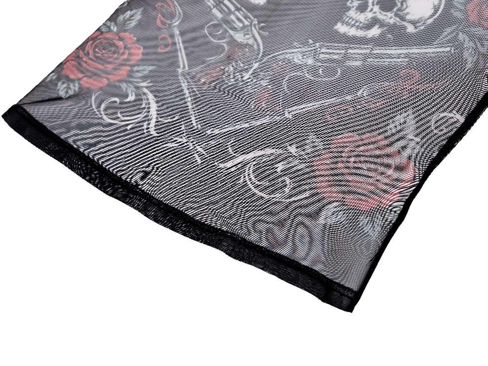 Women's Dark Romantic Wing Print Tattoo Mesh Top sheer black goth top with skull roses and tattoo-style wing print