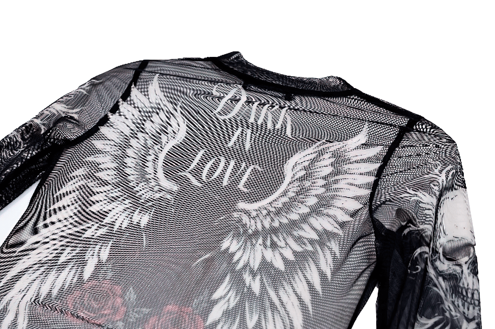 Women's Dark Romantic Wing Print Tattoo Mesh Top, sheer gothic top with skulls, roses and dramatic angel wings