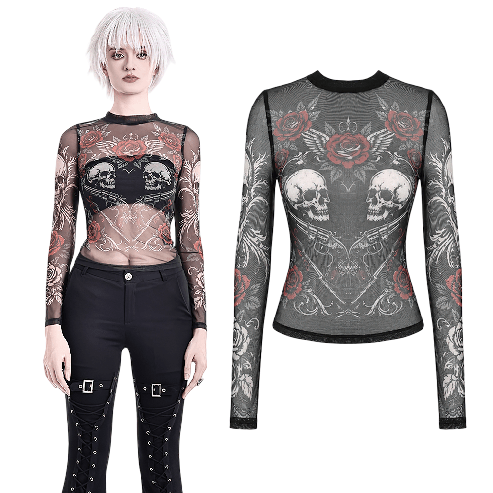 Women's Dark Romantic Wing Print Tattoo Mesh Top black sheer gothic skull rose long sleeve top with angel wing back