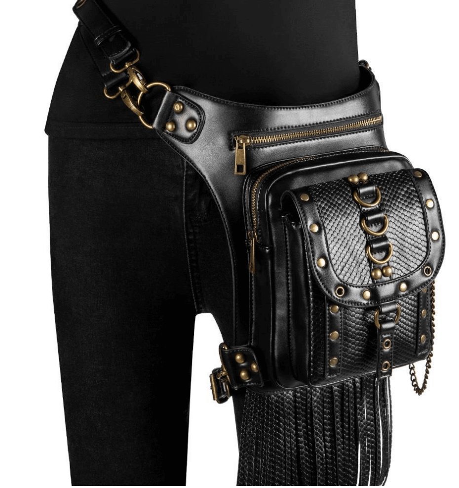 Women's Diagonal Waist Bag With Leather Straps / Punk Zipper Pockets Shoulder Bags - HARD'N'HEAVY