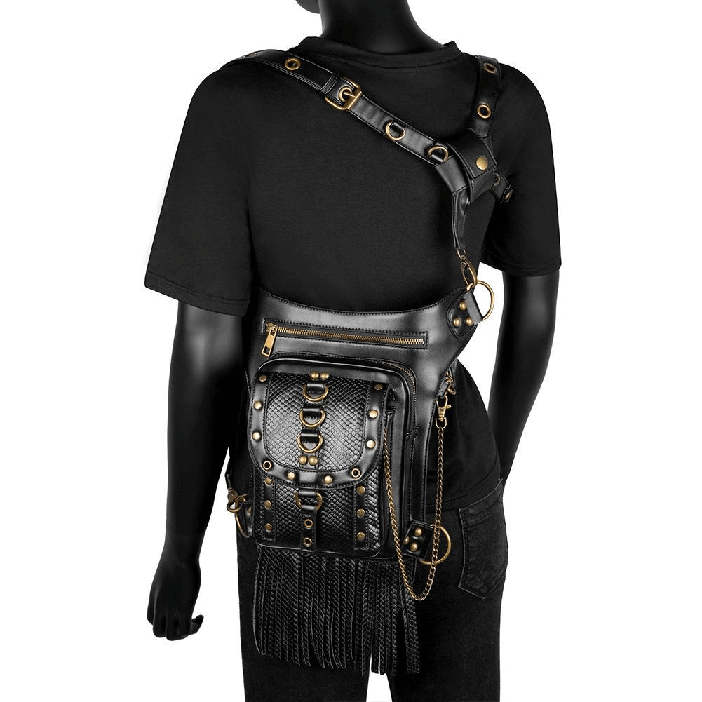 Women's Diagonal Waist Bag With Leather Straps / Punk Zipper Pockets Shoulder Bags - HARD'N'HEAVY