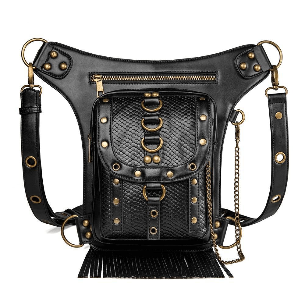 Women's Diagonal Waist Bag With Leather Straps / Punk Zipper Pockets Shoulder Bags - HARD'N'HEAVY