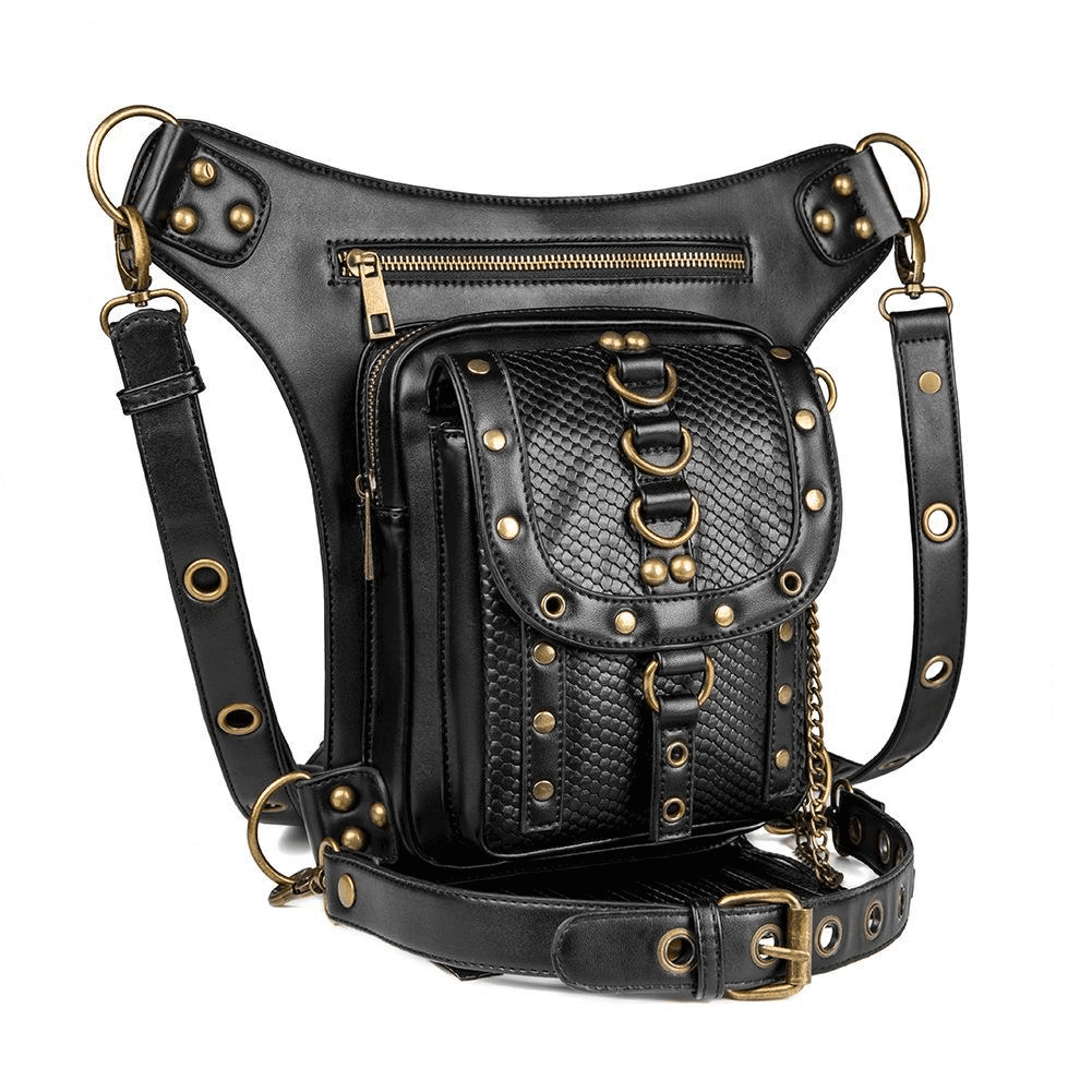 Women's Diagonal Waist Bag With Leather Straps / Punk Zipper Pockets Shoulder Bags - HARD'N'HEAVY