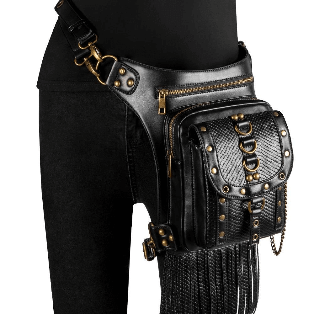 Women's Diagonal Waist Bag With Leather Straps / Punk Zipper Pockets Shoulder Bags - HARD'N'HEAVY