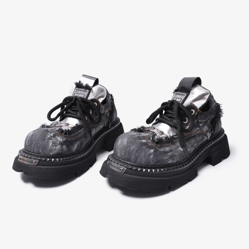 Women's Distressed Denim Platform Shoes with Silver Tongues, black punk chunky lace-up shoes with frayed edges
