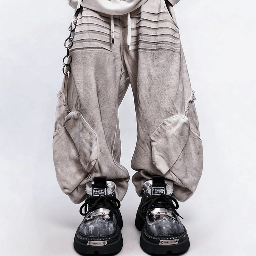 Women's Distressed Denim Platform Shoes with Silver Tongues, black punk chunky lace-up shoes with frayed edge detail