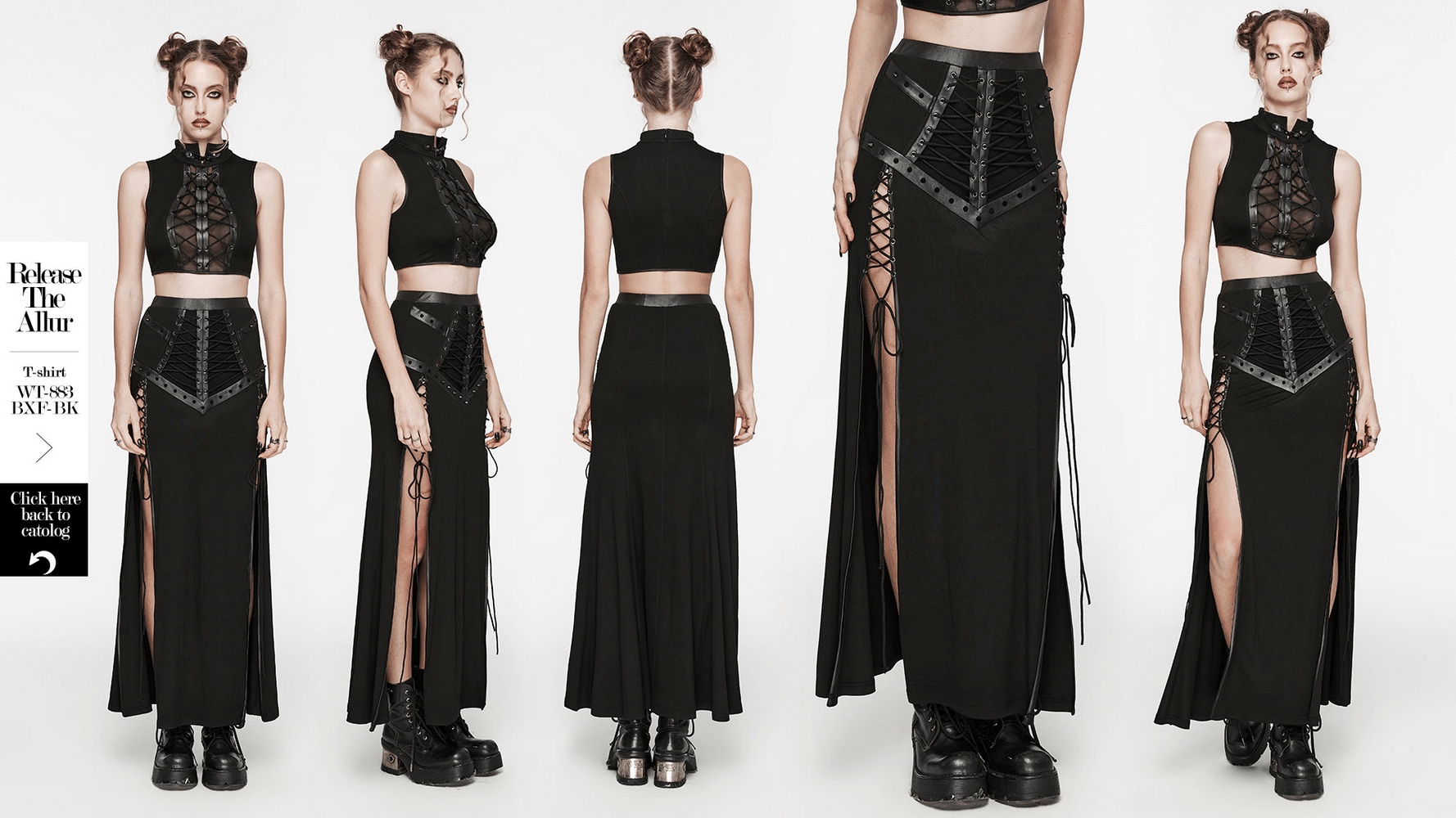 Women's edgy punk style long skirt with mesh slits and drawstrings, perfect for making a bold fashion statement.