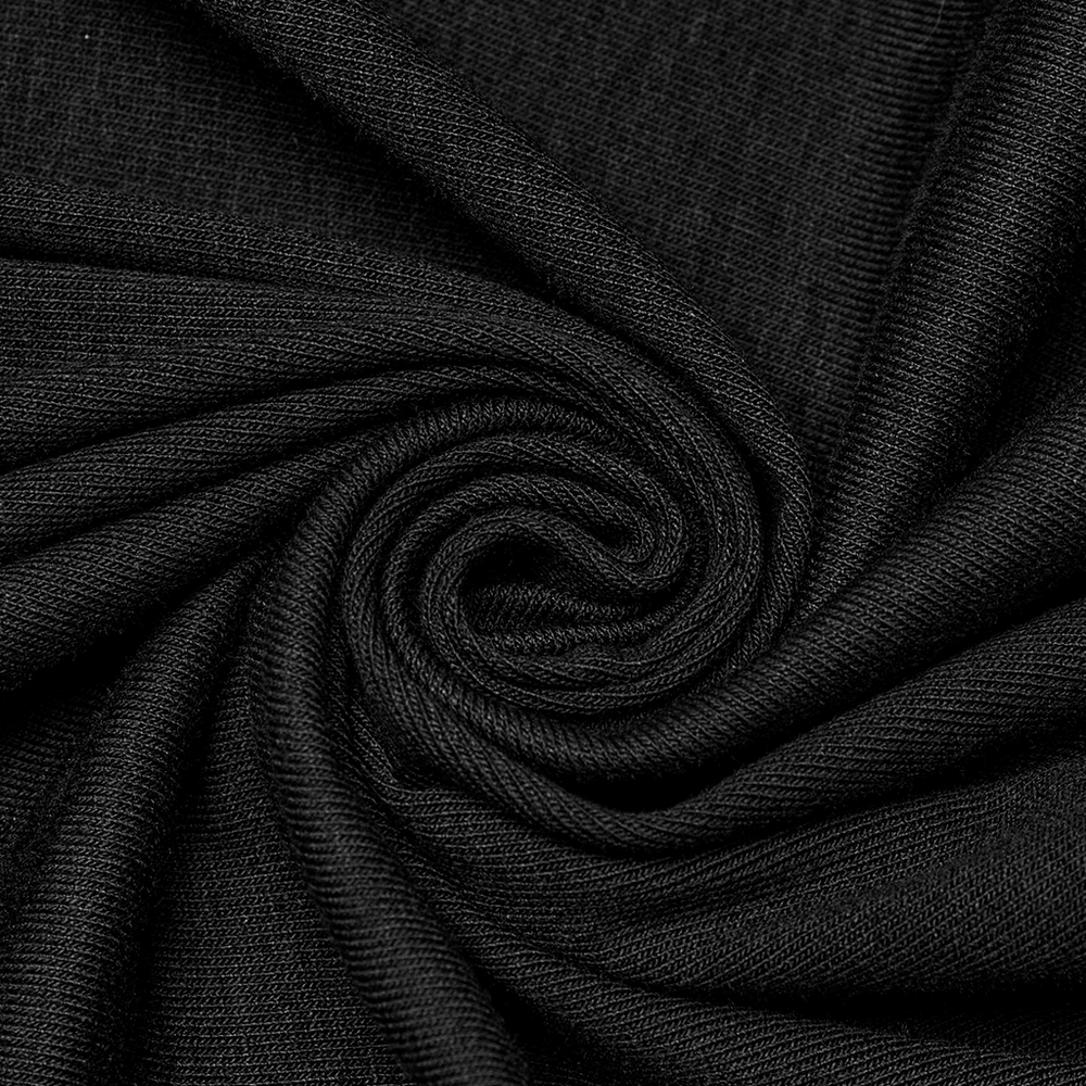 Close-up of soft black fabric, showcasing the stretch knit texture perfect for edgy fashion designs.