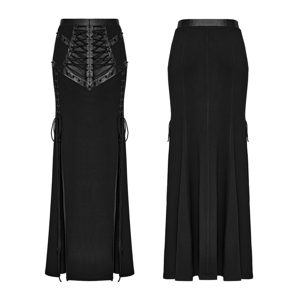 Women's long punk style skirt with mesh slits and drawstrings, featuring edgy lace-up details in black.