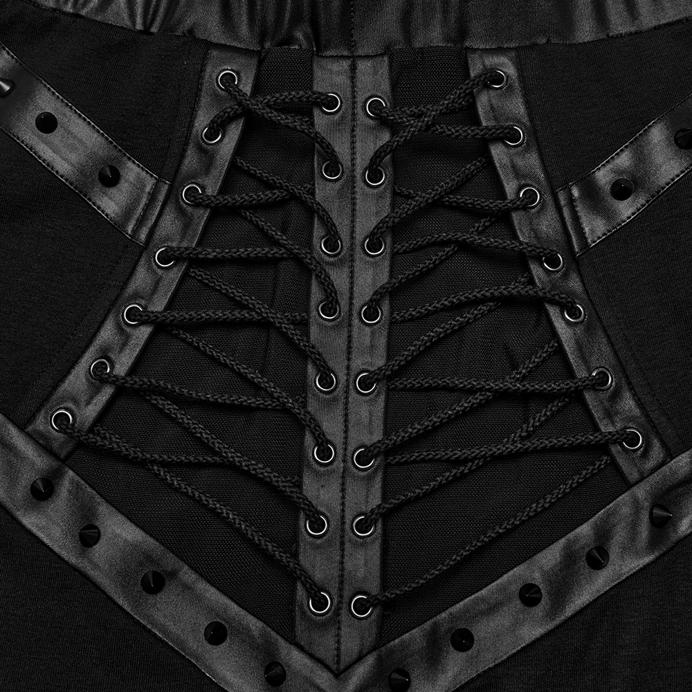 Close-up of the edgy mesh skirt's drawstring and eyelet detail, showcasing punk fashion elements.