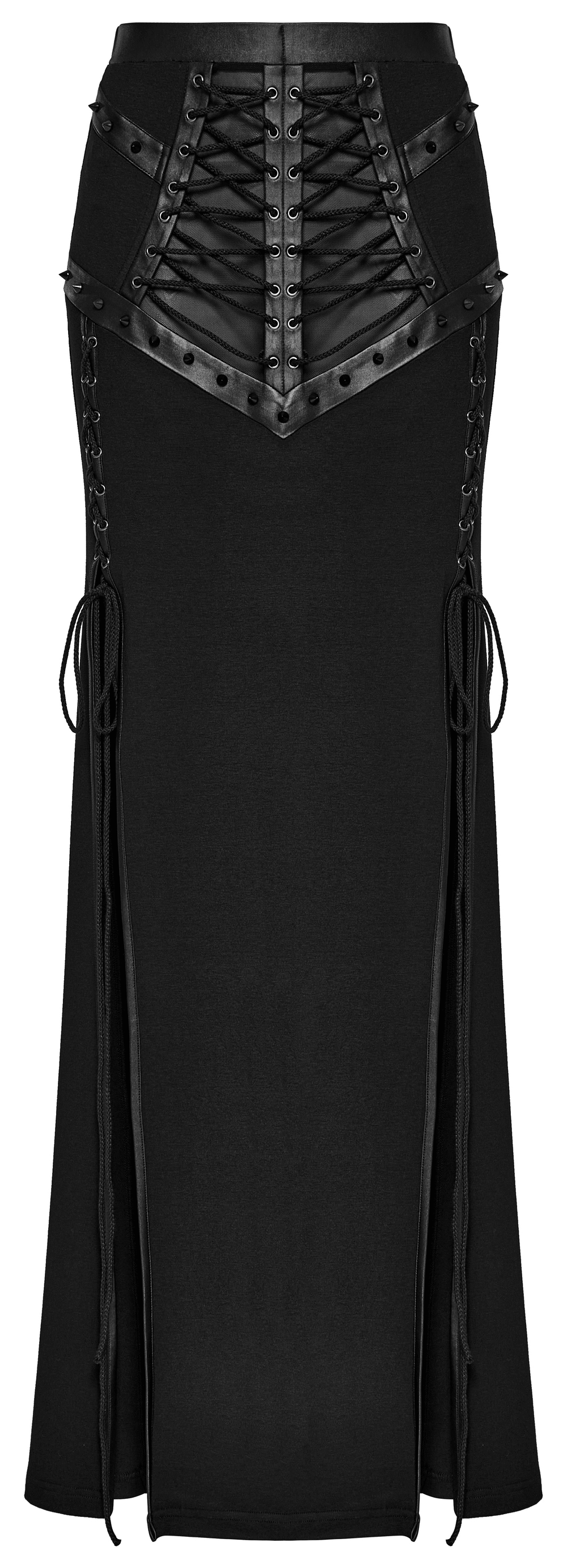 Women's edgy black long skirt with mesh slits and drawstrings, perfect for punk style fashion.