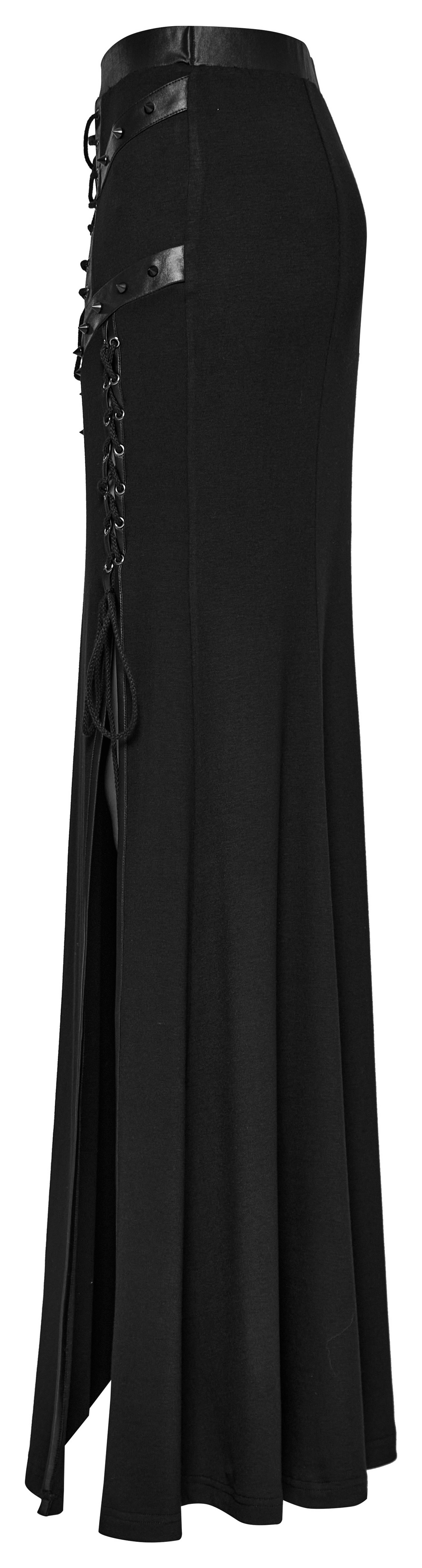Side view of a women's edgy black long skirt with mesh slits and drawstrings, showcasing punk style and stretchy fabric.