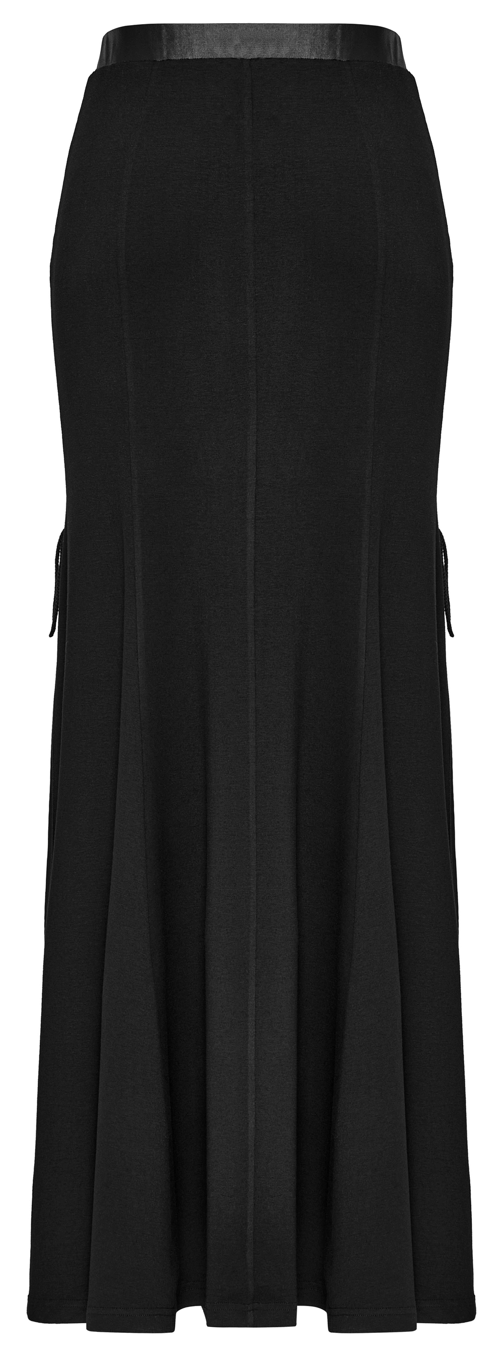 Women's edgy black mesh slits long skirt with drawstrings for a customizable punk style look.