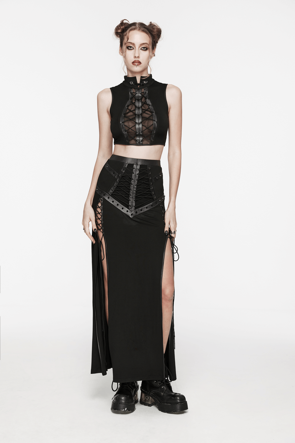 Model wearing a Women's Edgy Mesh Slits Long Skirt with drawstrings, showcasing punk style and sexy details.