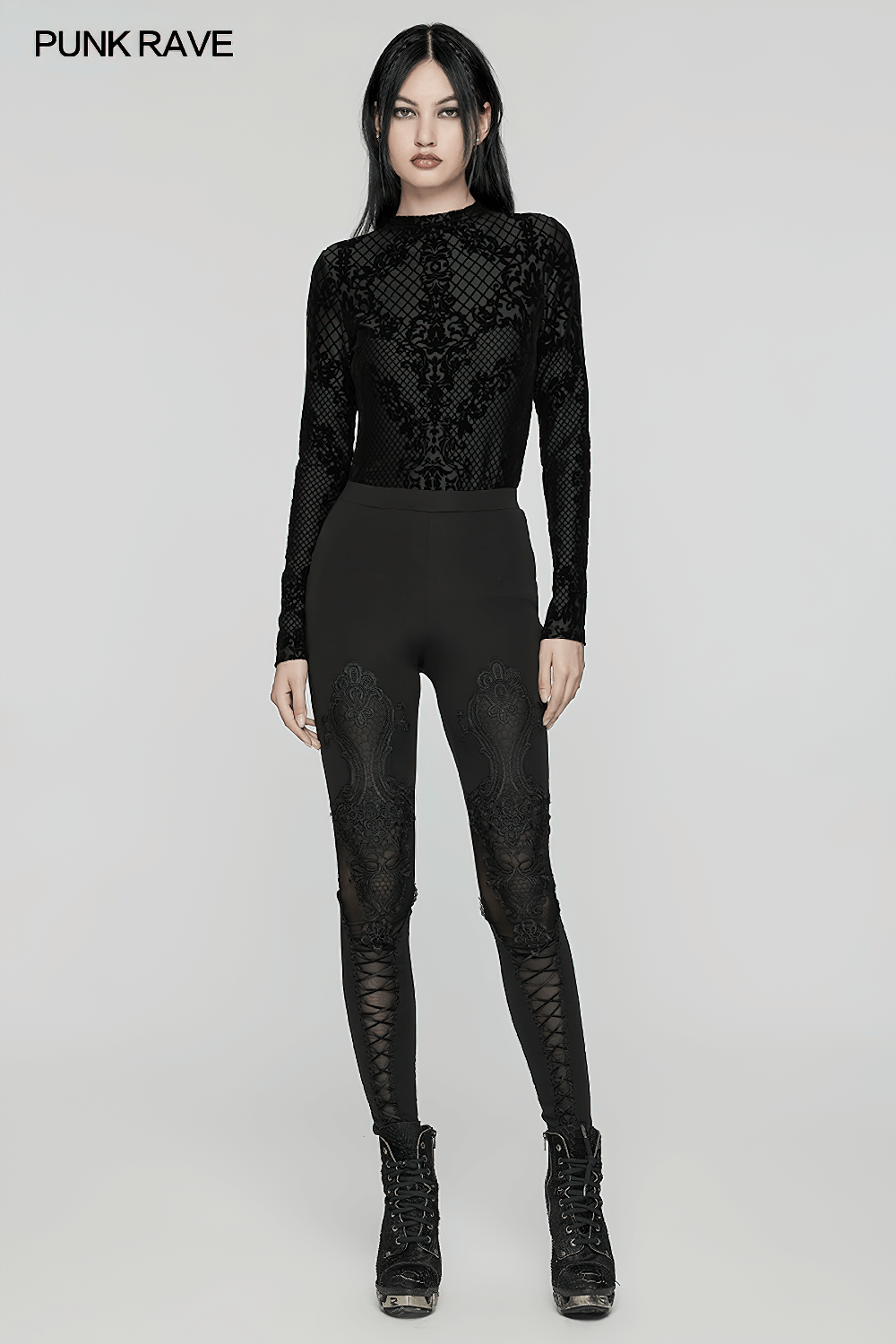 Trendy women's black leggings with gothic lace decals and stylish drawstrings from Punk Rave.
