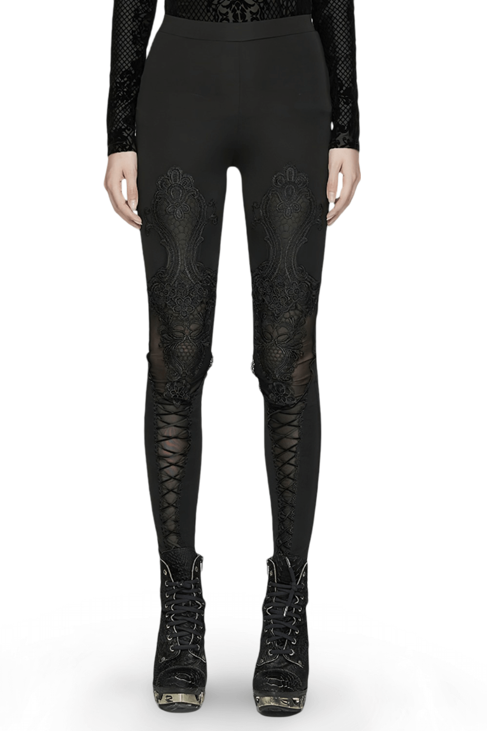 Women's black leggings with gothic lace decals and stylish drawstrings, perfect for a trendy look.