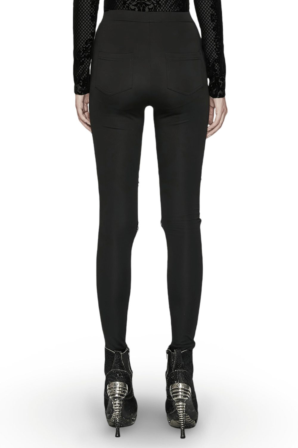 Back view of women's elastic black leggings with lace decal details, showing a sleek fit and stylish design.