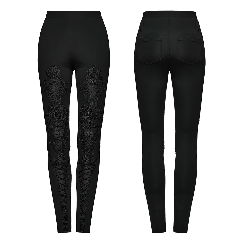 Stylish women's black leggings with gothic lace decals and decorative drawstrings for a trendy outfit.