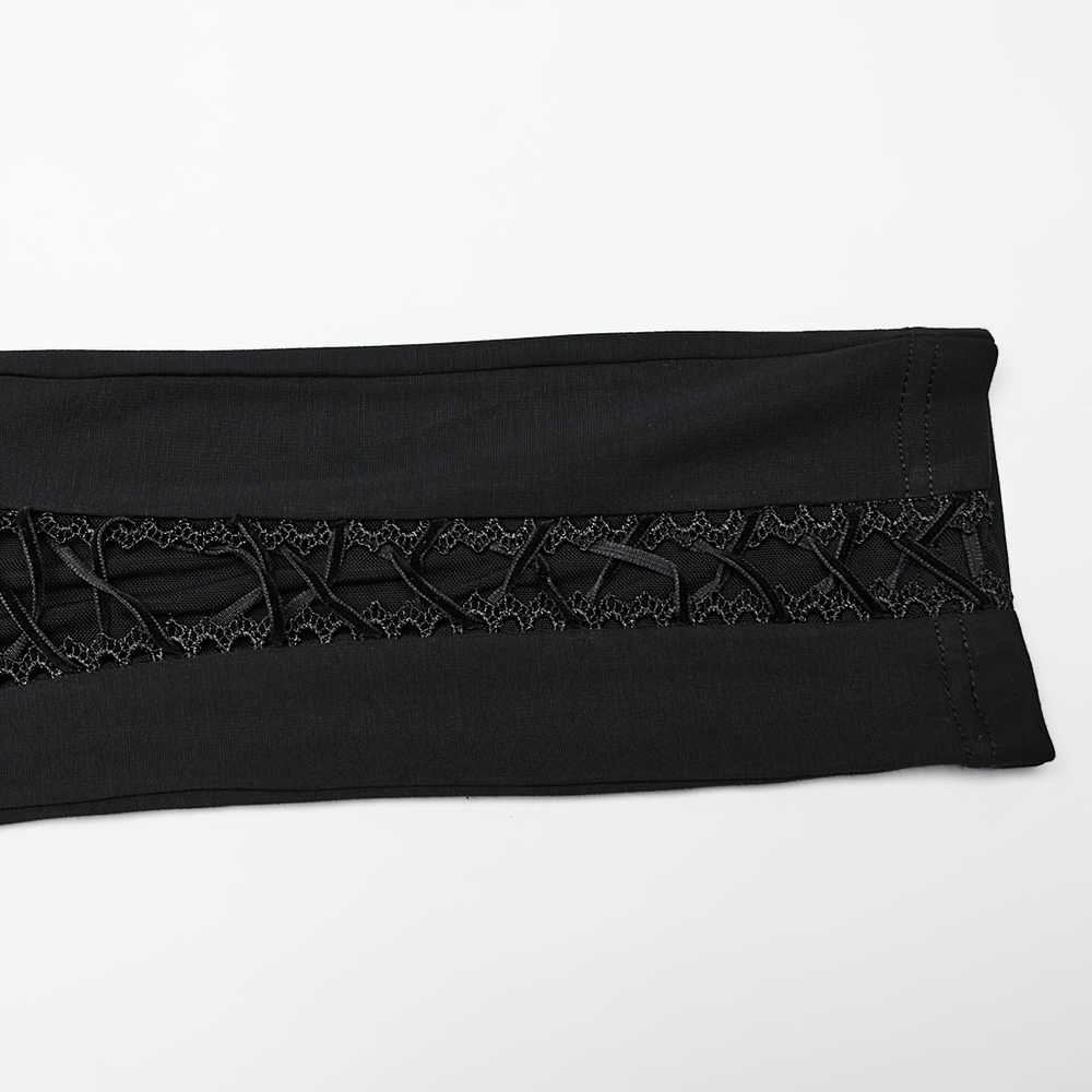 Close-up of women's black leggings featuring lace decals and decorative drawstrings for a stylish gothic look.