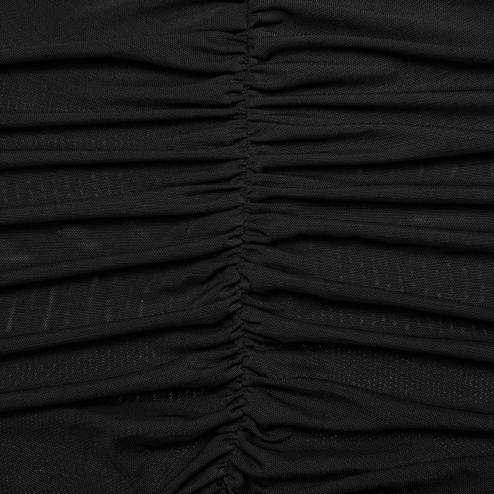 Close-up of black elastic mesh fabric with pleated texture, showcasing gothic elegance and depth.