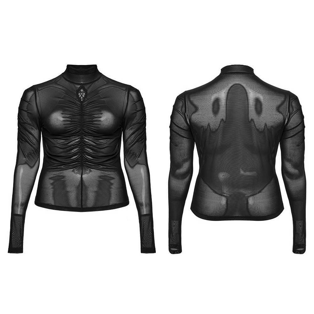 Gothic mesh top with pleated design and embroidered accents, front and back view, perfect for gothic elegance.