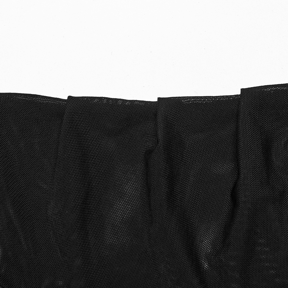Close-up of black elastic mesh fabric with pleated texture for gothic fashion styles.