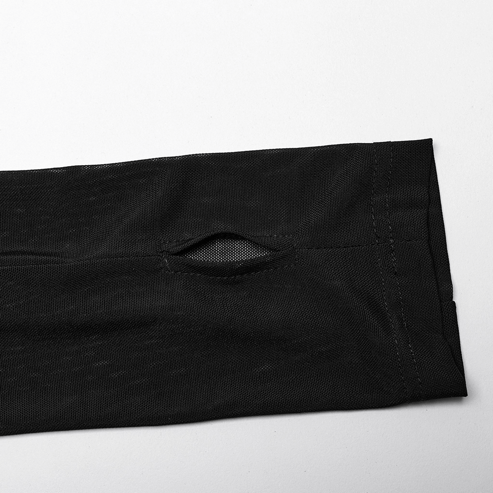 Close-up of the sleeve seam of a black gothic mesh top featuring a unique cutout detail.