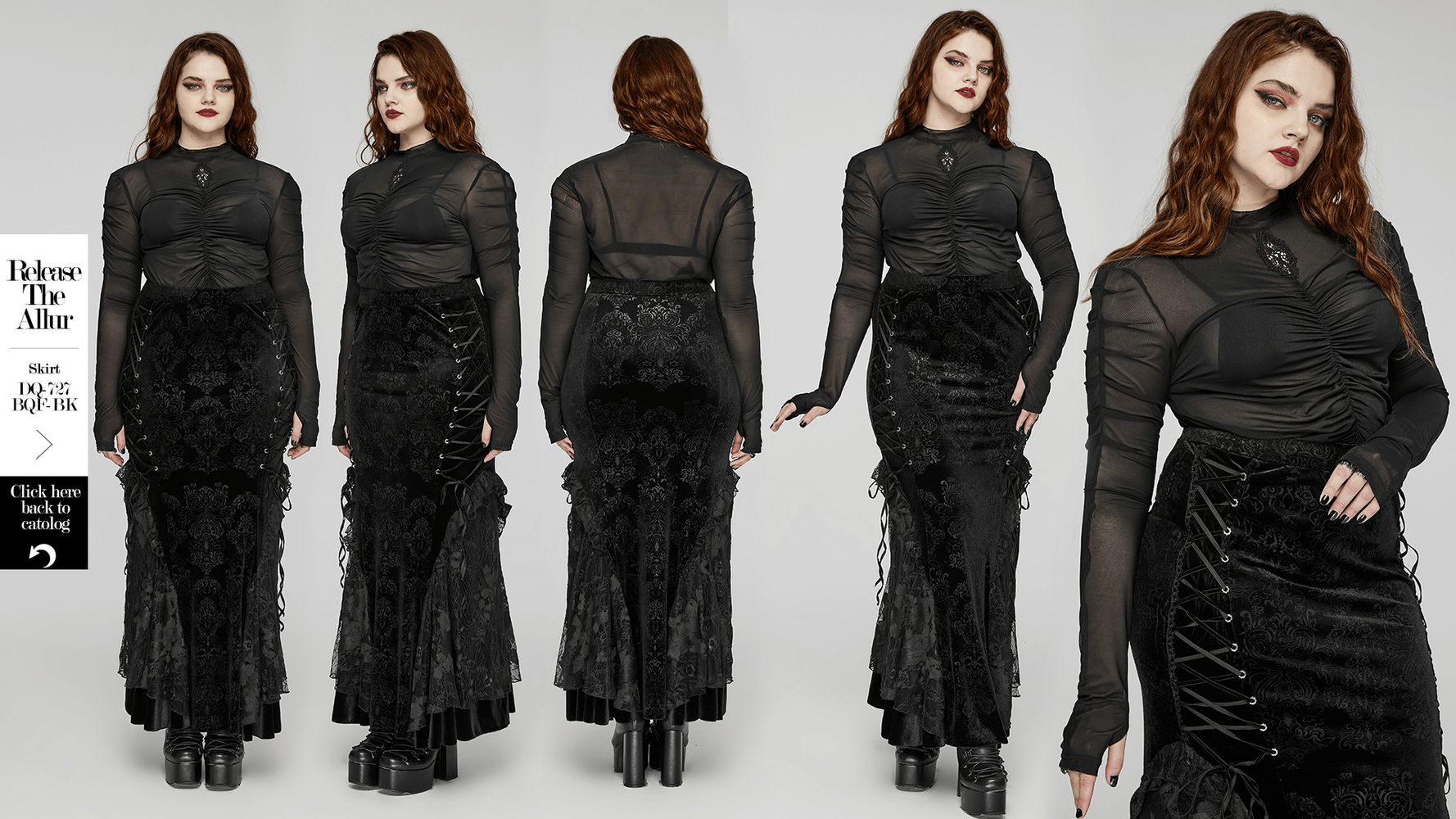 Stylish woman in gothic long-sleeved mesh pleated top and black skirt, showcasing elegant embroidered accents.