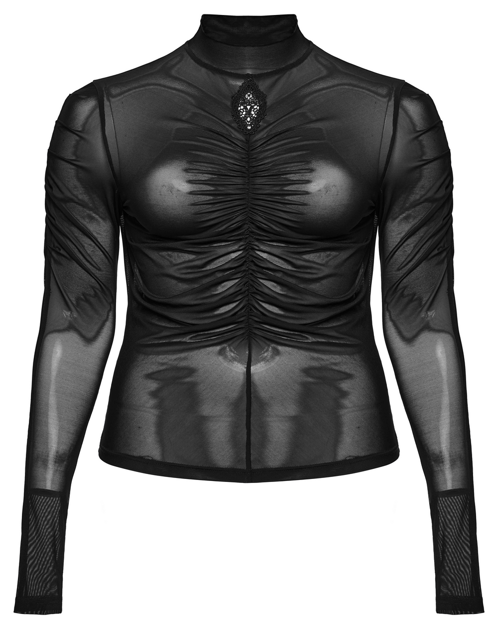 Women's Gothic long sleeved pleated mesh top with embroidered accents and high collar.