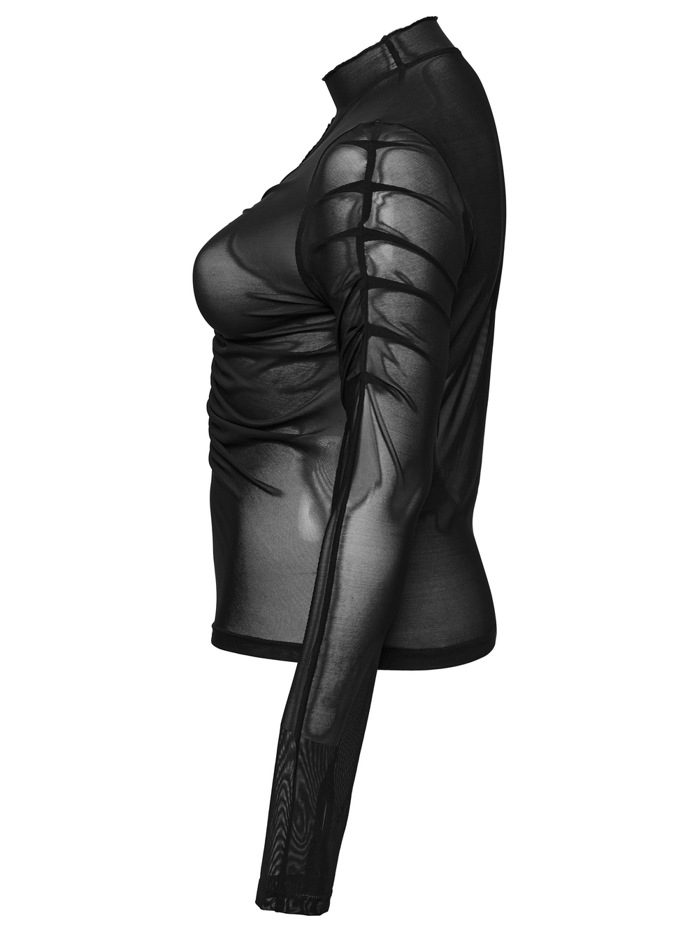 Side view of Women's Elastic Gothic Long Sleeved Mesh Pleated Top with embroidered accents and pleated texture.