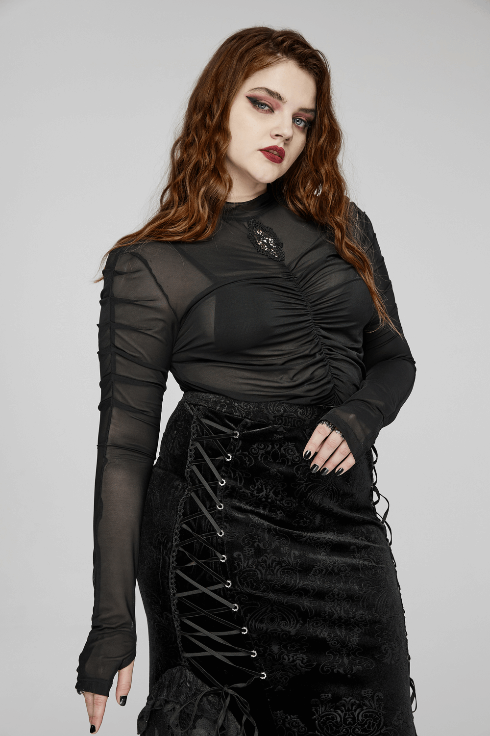 Women's Elastic Gothic Long Sleeved Mesh Pleated Top
