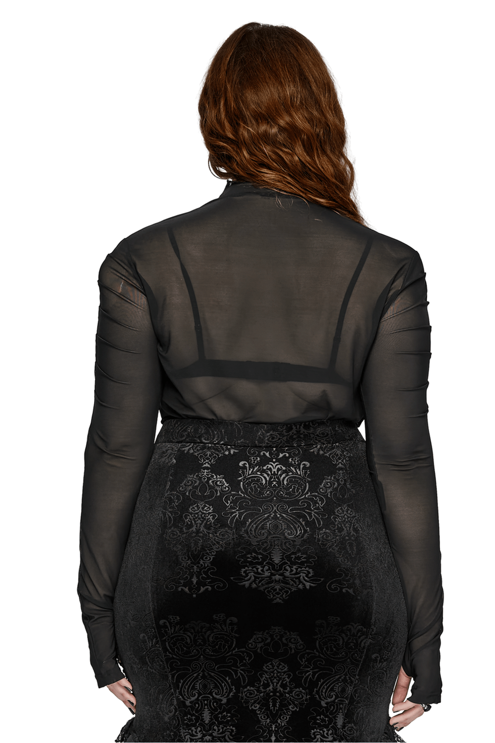 Back view of a woman in a women's gothic mesh long-sleeved top paired with a black decorative skirt.