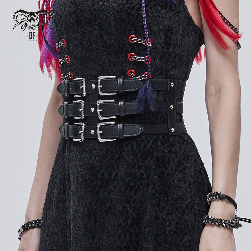 Women's punk style black PU leather waist belt with triple adjustable buckles and silver fittings.