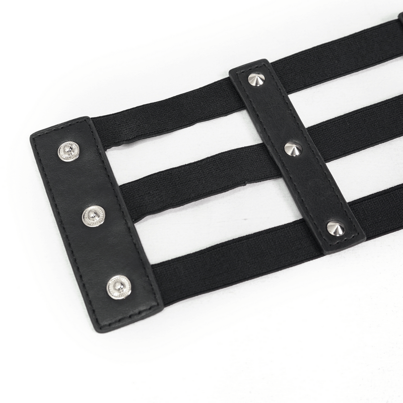 Close-up of women's punk style elastic PU leather belt with rivets and adjustable buckles.