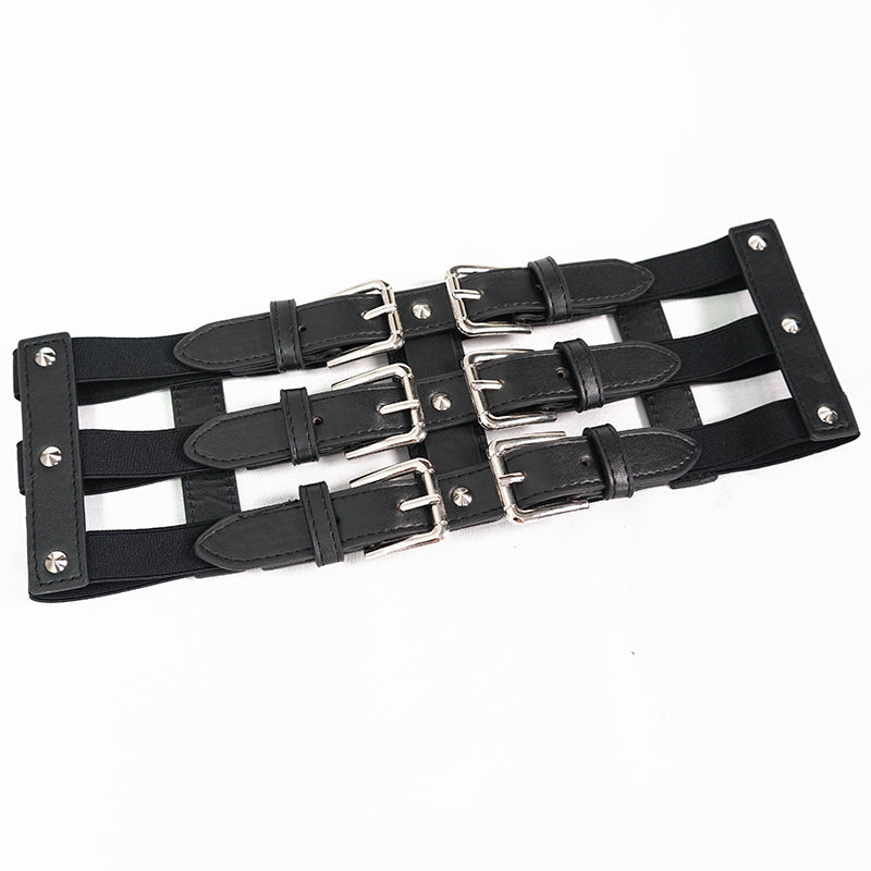 Women's punk style PU leather belt with rivet details and adjustable buckles, perfect for stylish outfits.