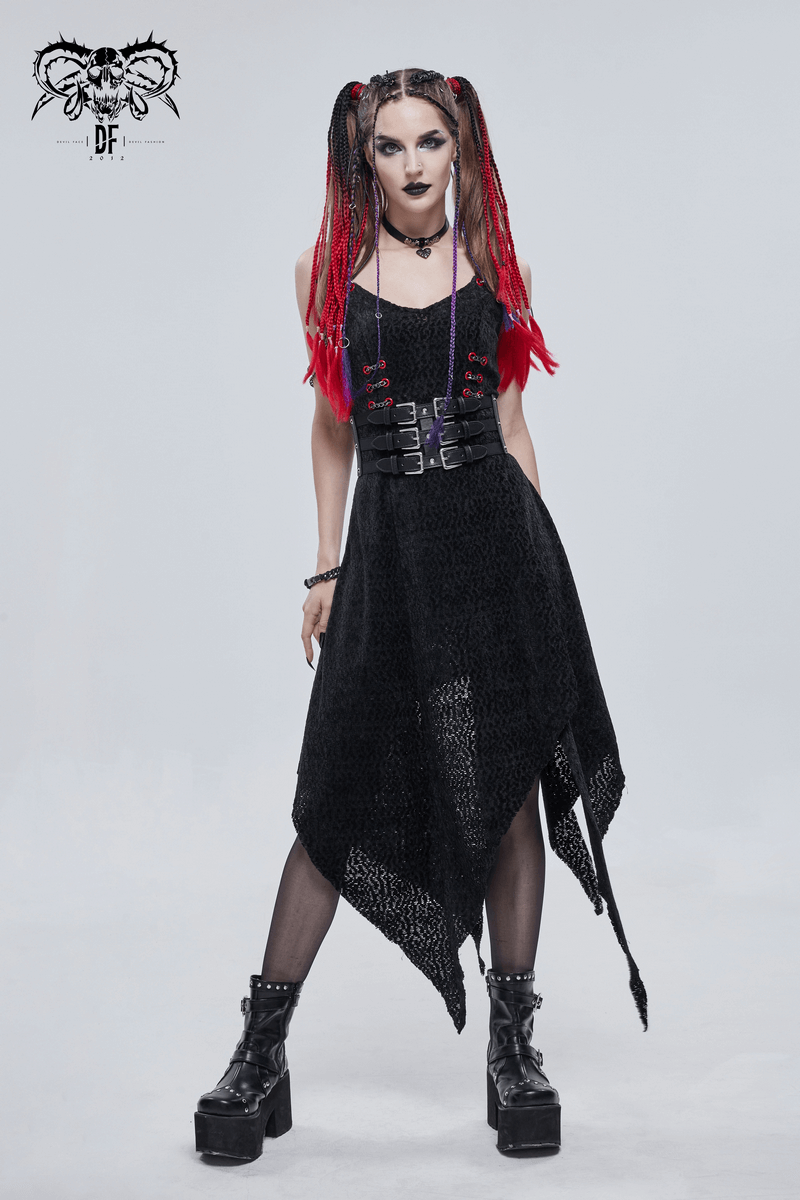 Model showcasing Women's Elastic PU Leather Belt with rivet accents and adjustable buckles, styled in punk fashion.