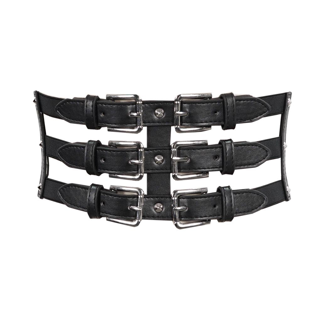 Women's punk style PU leather belt with triple straps and adjustable silver buckles
