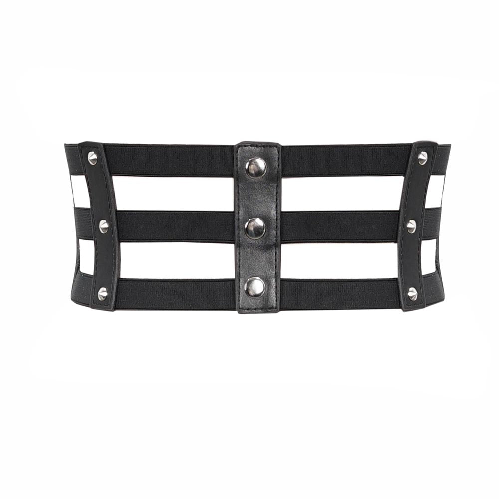 Women's punk style black elastic PU leather belt with silver rivets and adjustable buckles for a bold fashion statement.