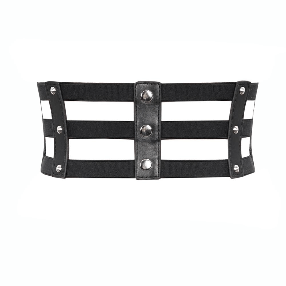 Women's Elastic PU Leather Waist With Rivet Features / Triple Belt With Adjustable Buckles Front