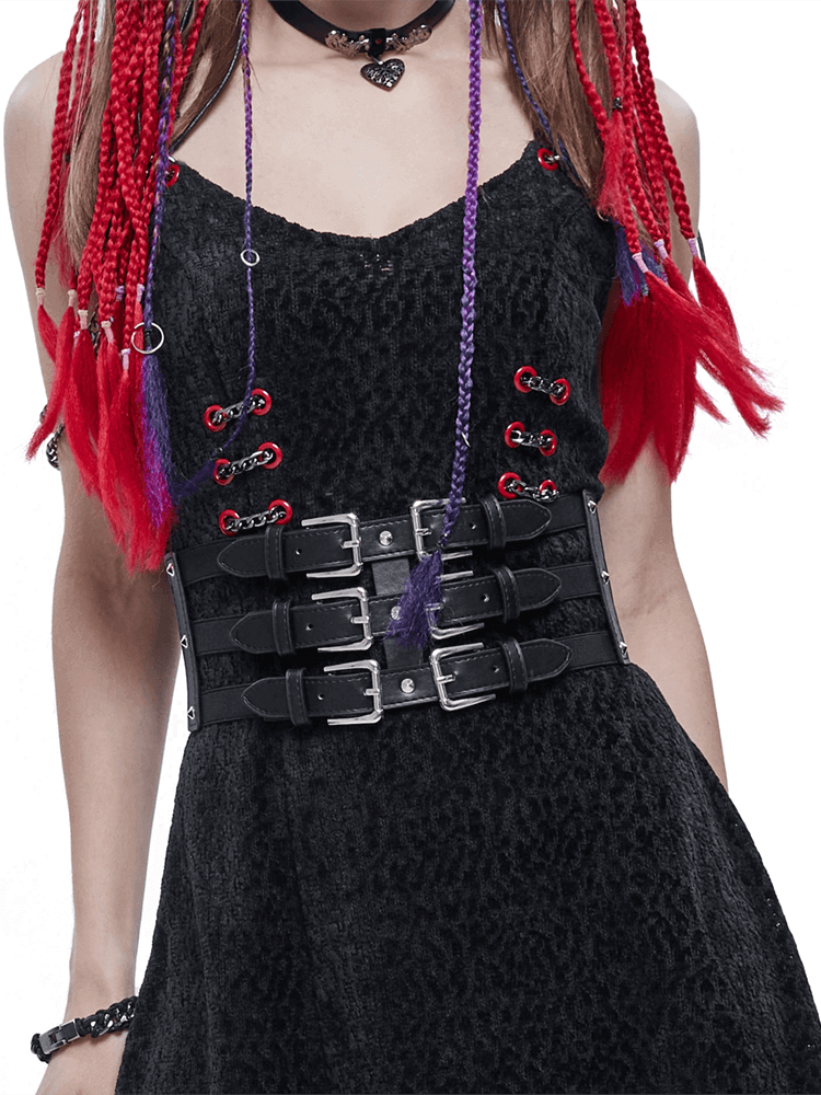 Stylish women's punk belt made of PU leather with adjustable buckles and rivet features, perfect for edgy outfits.