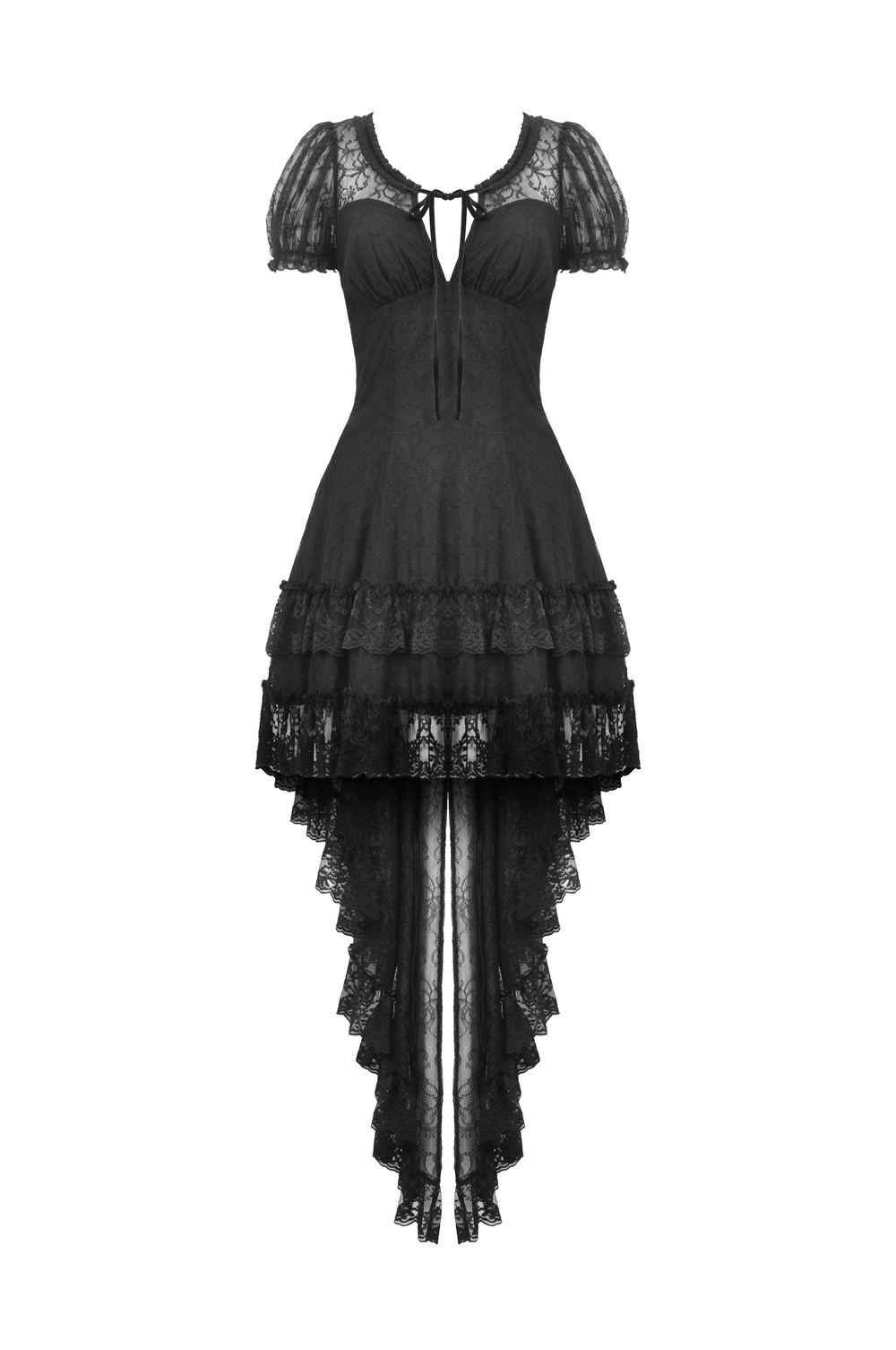 Women's Elegant Gothic Dress with Lace Overlay and Tail