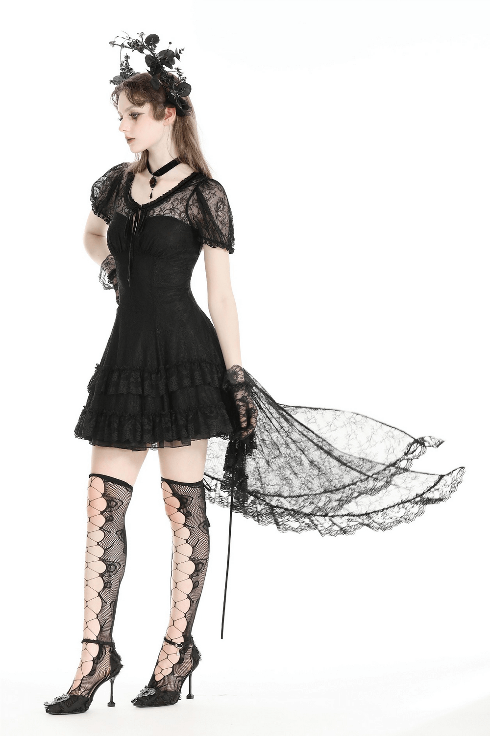 Women's Elegant Gothic Dress with Lace Overlay and Tail