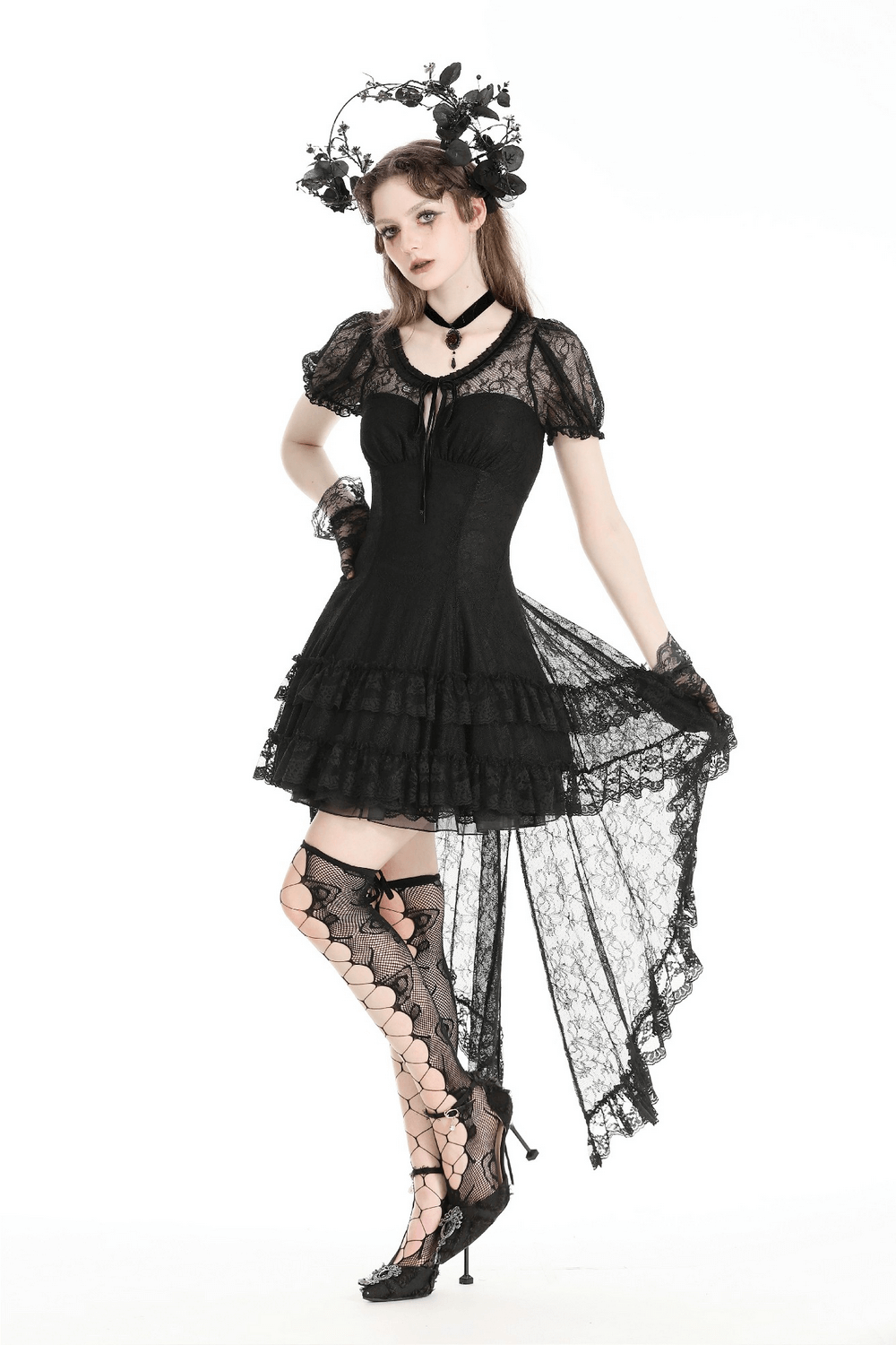 Women's Elegant Gothic Dress with Lace Overlay and Tail