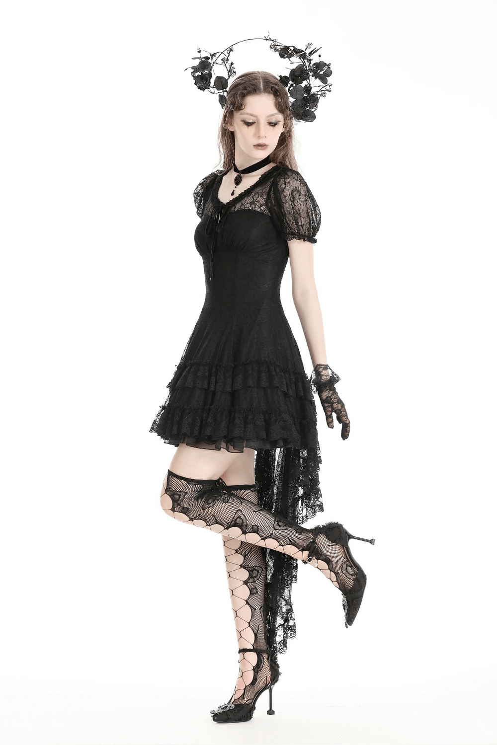 Women's Elegant Gothic Dress with Lace Overlay and Tail