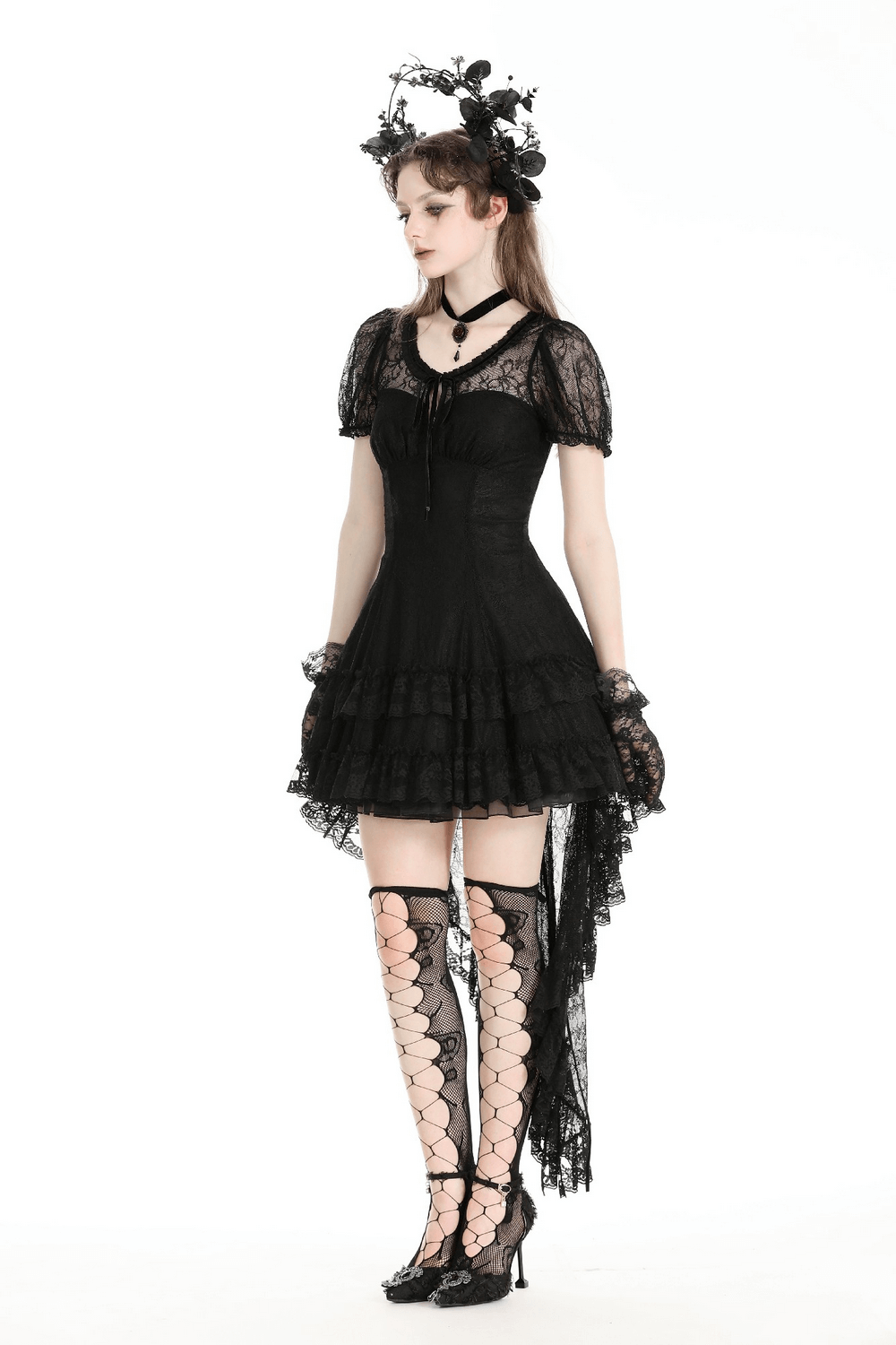 Women's Elegant Gothic Dress with Lace Overlay and Tail